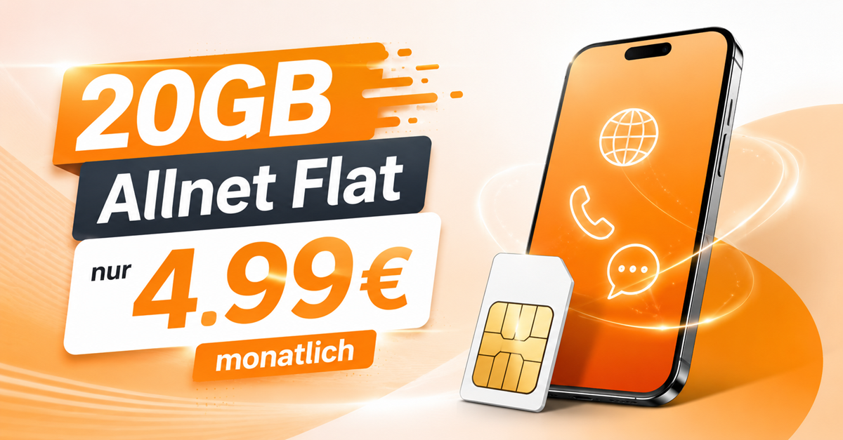 20GB Allnet Flat mit nur 5€ Aktivierungsgebühr für nur 4.99€ monatlich