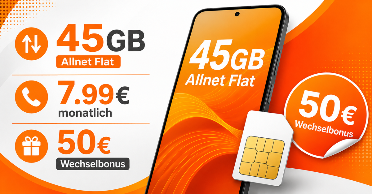 45GB Allnet Flatrate im Vodafone Netz mit 50€ Wechselbonus nur 7.99€ monatlich