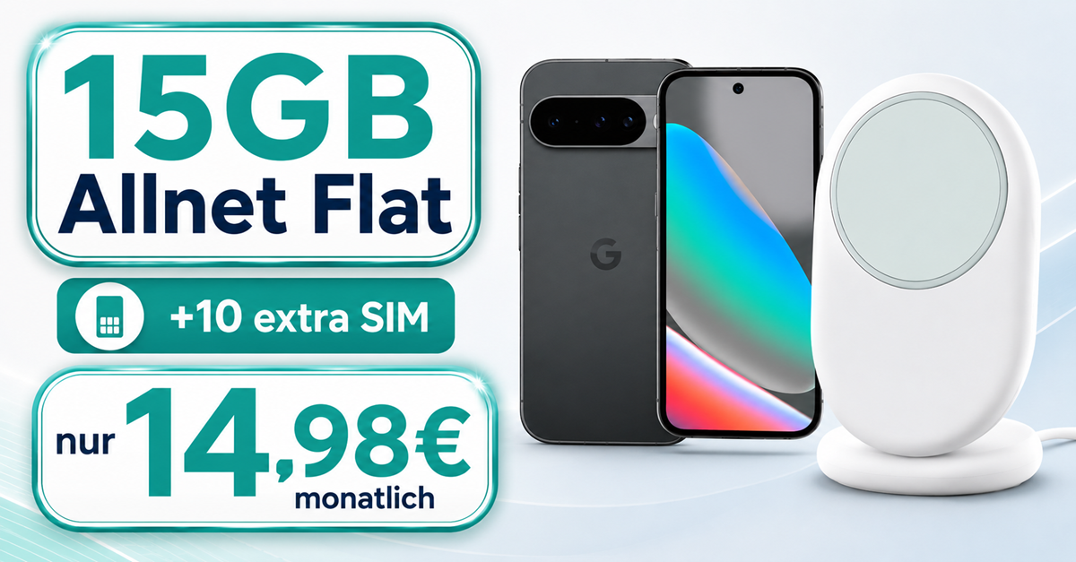 Google Pixel 10 & Google Pixelsnap für einmalig 49 Euro mit 15GB Allnet Flat (+10GB extra SIM) nur 14.98 Euro monatlich