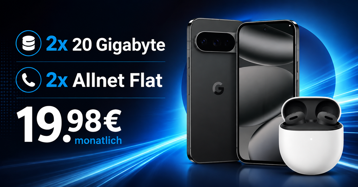Google Pixel 10 Pro & Google Pixel Buds 2A für einmalig 1€ (Einsendung Altgerät) mit 2x 20GB Allnet Flat nur 19.98€ monatlich