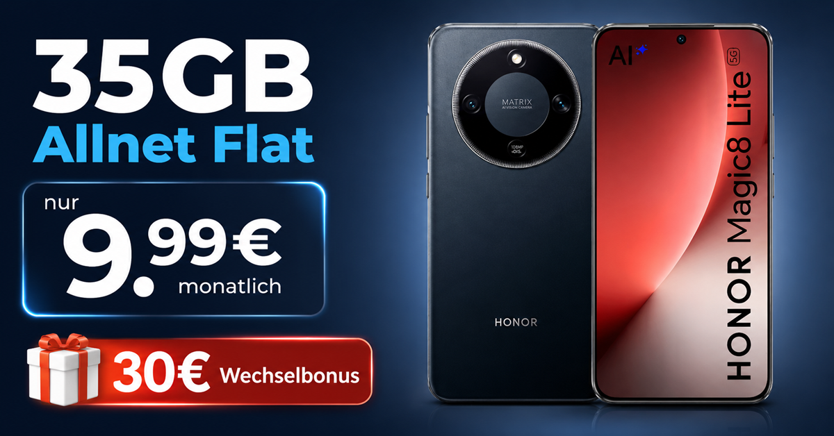 Honor Magic 8 Lite für einmalig 80 Euro mit 35GB Allnet Flat und 30€ Wechselbonus nur 9.99 Euro monatlich