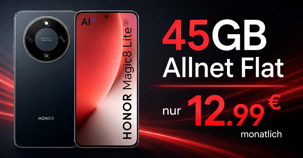 Honor Magic 8 Lite mit 45GB Allnet Flat und 30€ Wechselbonus nur 12.99 Euro monatlich