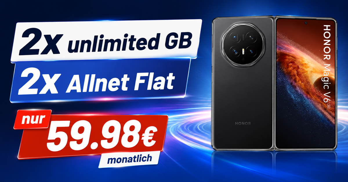 Honor Magic V6 mit o2 Vertrag – 512GB einmalig 499€ mit 2x unlimited Allnet Flat nur 59.98€ monatlich