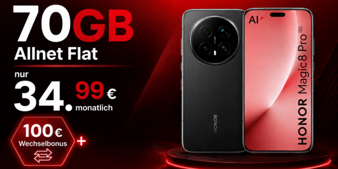 Honor Magic8 Pro für einmalig 129€ mit 70GB Allnet Flat und 100€ Wechselbonus nur 34.99€ monatlich