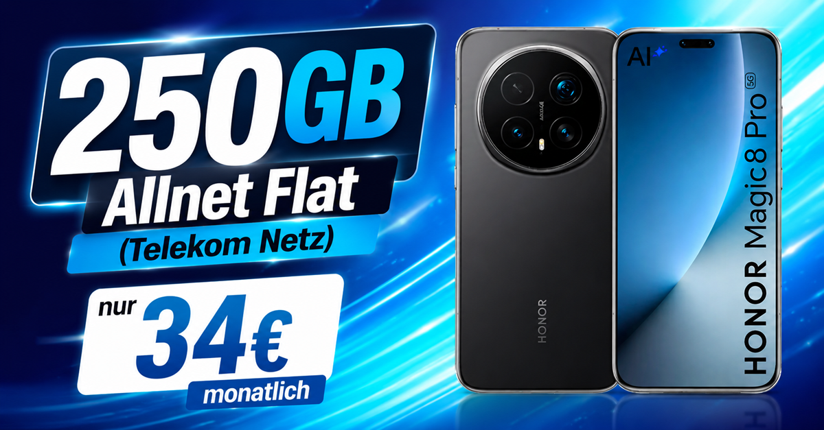 Honor Magic8 Pro für einmalig 89€ mit 250GB Allnet Flat nur 34€ monatlich