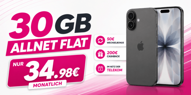 iPhone 17 für einmalig 169 Euro mit 30GB Allnet Flatrate und 200 Euro Cashback und 50 Euro Wechselbonus nur 34.98 Euro monatlich