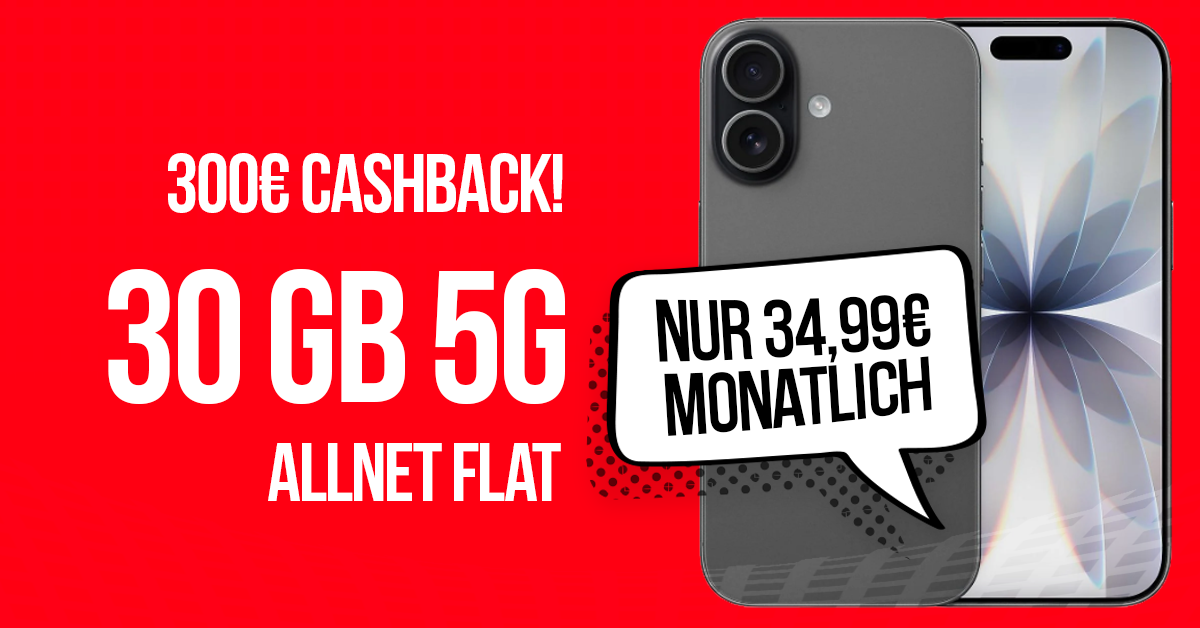 iPhone 17 für einmalig 199 Euro mit 30GB Allnet Flat und 75 Euro Wechselbonus und 300 Euro Cashback nur 34.99 Euro monatlich