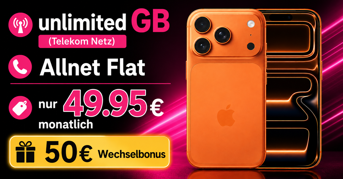 iPhone 17 Pro für einmalig 99 Euro mit Telekom unlimited Allnet Flat und 50€ Wechselbonus nur 49.95 Euro monatlich