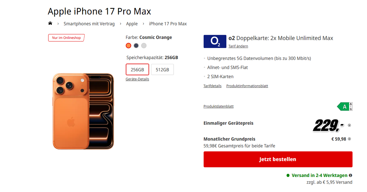 iPhone 17 Pro Max 256GB für einmalig 229 Euro mit 2x o2 unlimited Allnet Flat für nur 59.98 Euro monatlich