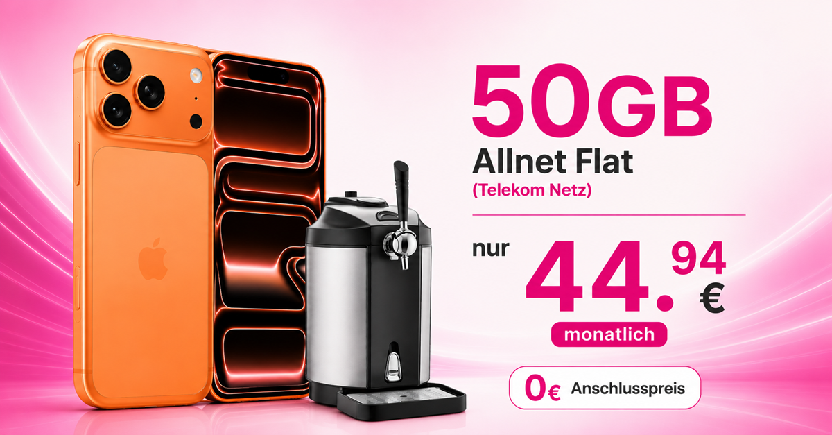 iPhone 17 Pro Max & Bierzapfanlage Beer Master für einmalig 300 Euro mit 50GB Telekom Allnet Flat nur 44.94€ monatlich