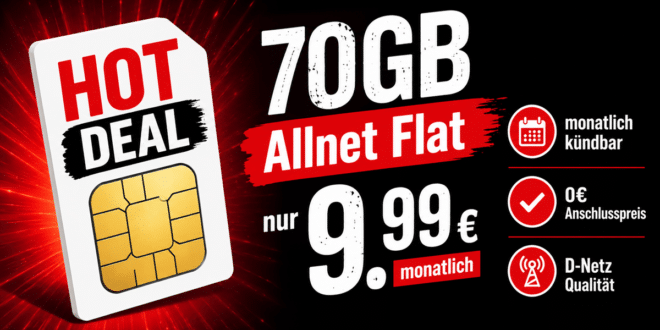 monatlich kündbar im Vodafone 5G Netz bis zu 150 Mbit/s im Download – 70GB Allnet Flatrate nur 9.99€ monatlich