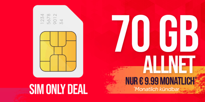 monatlich kündbar im Vodafone Netz bis zu 150 Mbit/s – 70GB Allnet Flat nur 9.99 Euro monatlich