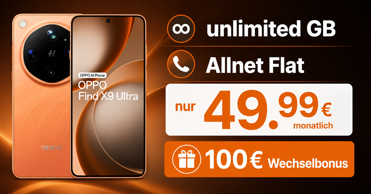 OPPO Find X9 Ultra mit Vodafone Vertrag – 512GB einmalig 559 Euro mit unlimited Allnet Flat & 100€ Wechselbonus für 49.99 Euro monatlich