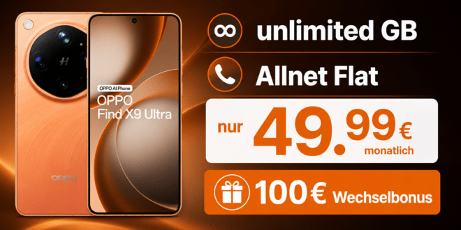 OPPO Find X9 Ultra mit Vodafone Vertrag – 512GB einmalig 679 Euro mit unlimited Allnet Flat & 100€ Wechselbonus für 49.99 Euro monatlich