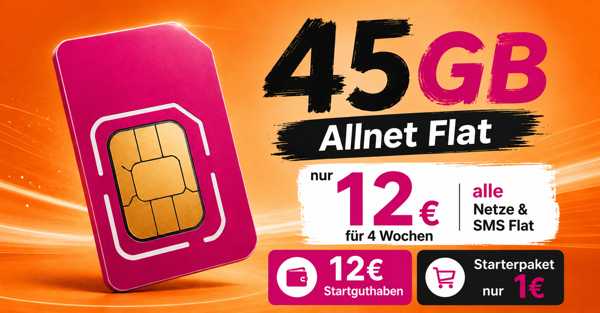 Prepaid Karte Telekom Netz – 45GB Allnet Flat nur 12€ alle 4 Wochen – Starterpaket-Preis nur 1€