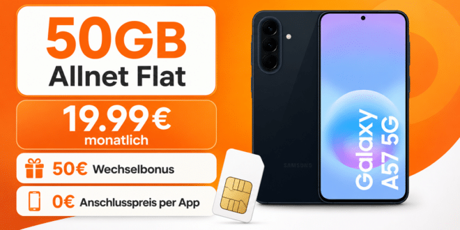 Samsung Galaxy A57 256GB mit 50GB Allnet Flat und 50€ Wechselbonus für nur 19.99€ monatlich