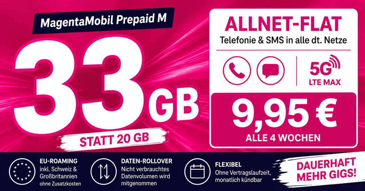 Telekom Prepaid WM Aktion – 33GB Allnet Flat nur 9.95 Euro alle 4 Wochen