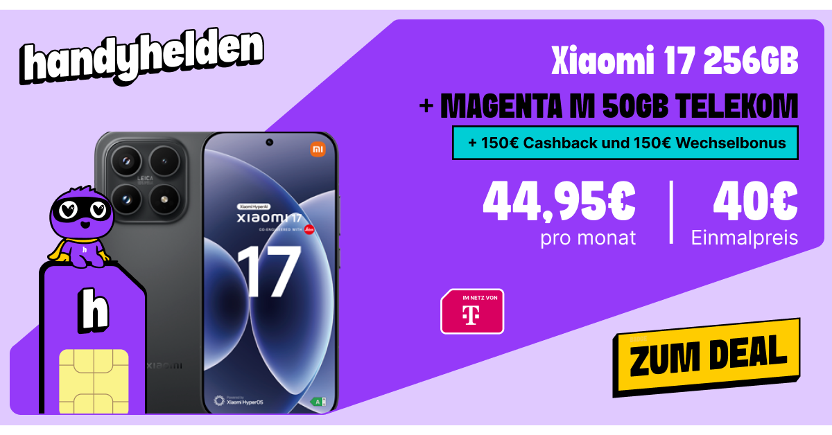 Xiaomi 17 256GB für einmalig 40 Euro mit 50GB Allnet Flat und 150 Euro Wechselbonus und 150 Euro Cashback nur 44.95 Euro monatlich