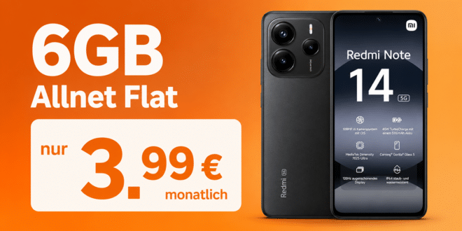 Xiaomi Redmi Note 14 5G für einmalig 1 Euro mit 6GB Allnet Flat nur 3.99 Euro monatlich