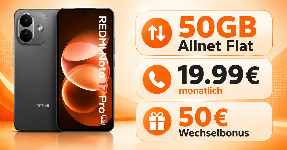 Xiaomi REDMI Note 17 Pro für einmalig 30€ mit 50GB Allnet Flat & 50€ Wechselbonus nur 19.99€ monatlich